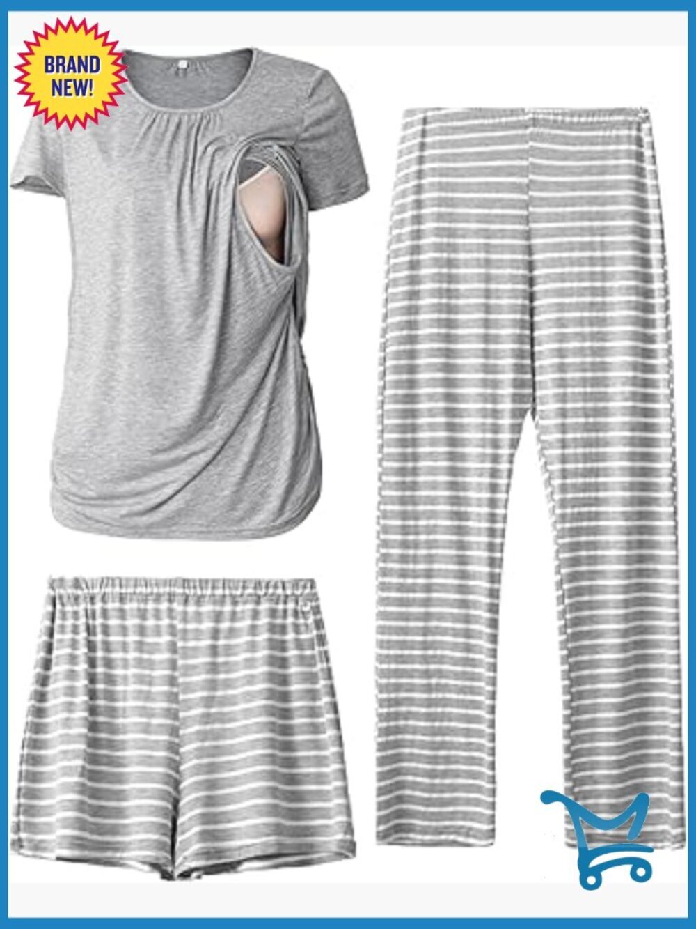 Maternity Nursing Pajama Set 3 Piece Breastfeeding Short Sleeve PJS
